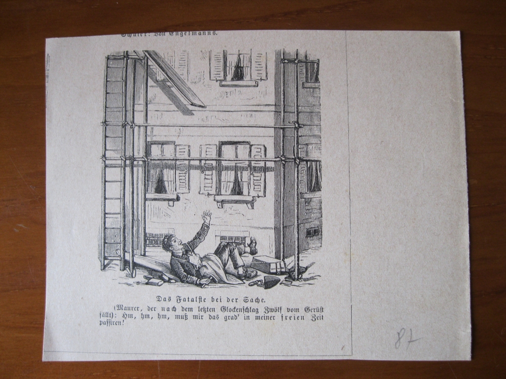 Dibujo satírico de un obrero caido del andamio,  1887. Anónimo